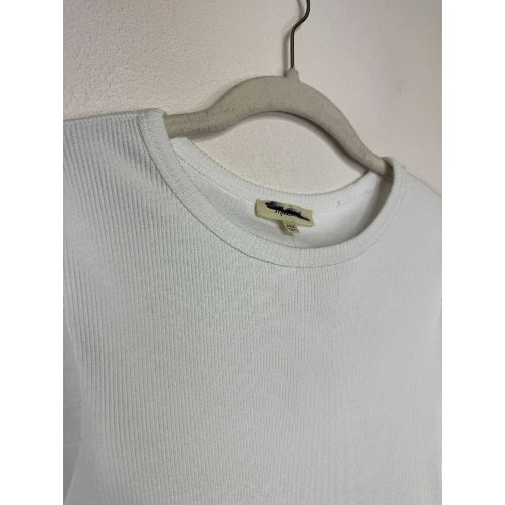 Madewell XXS Ribbed Puff Sleeve Top White 100% Cotton Slim Fit Round Neck NWT